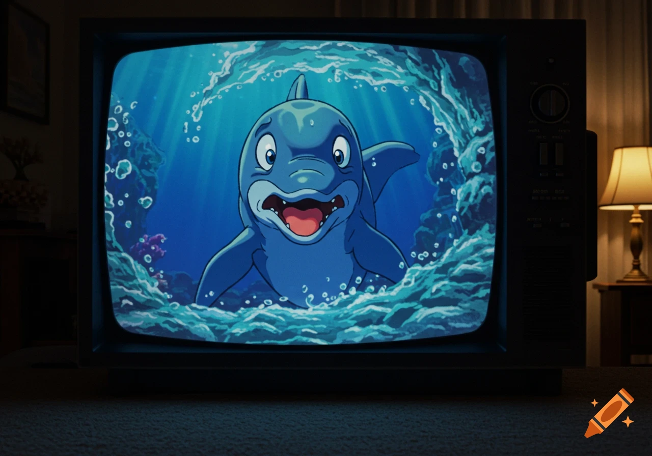 A cartoon dolphin with a terrified expression is seen on an old CRT TV, showing an underwater scene in a dimly lit bedroom.