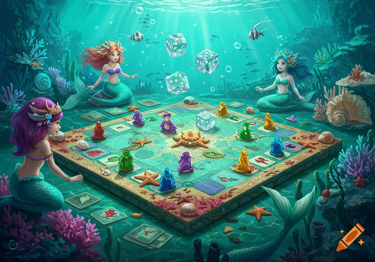Three mermaids playing a colorful board game underwater with coral, fish, and floating dice in a fantasy illustration.