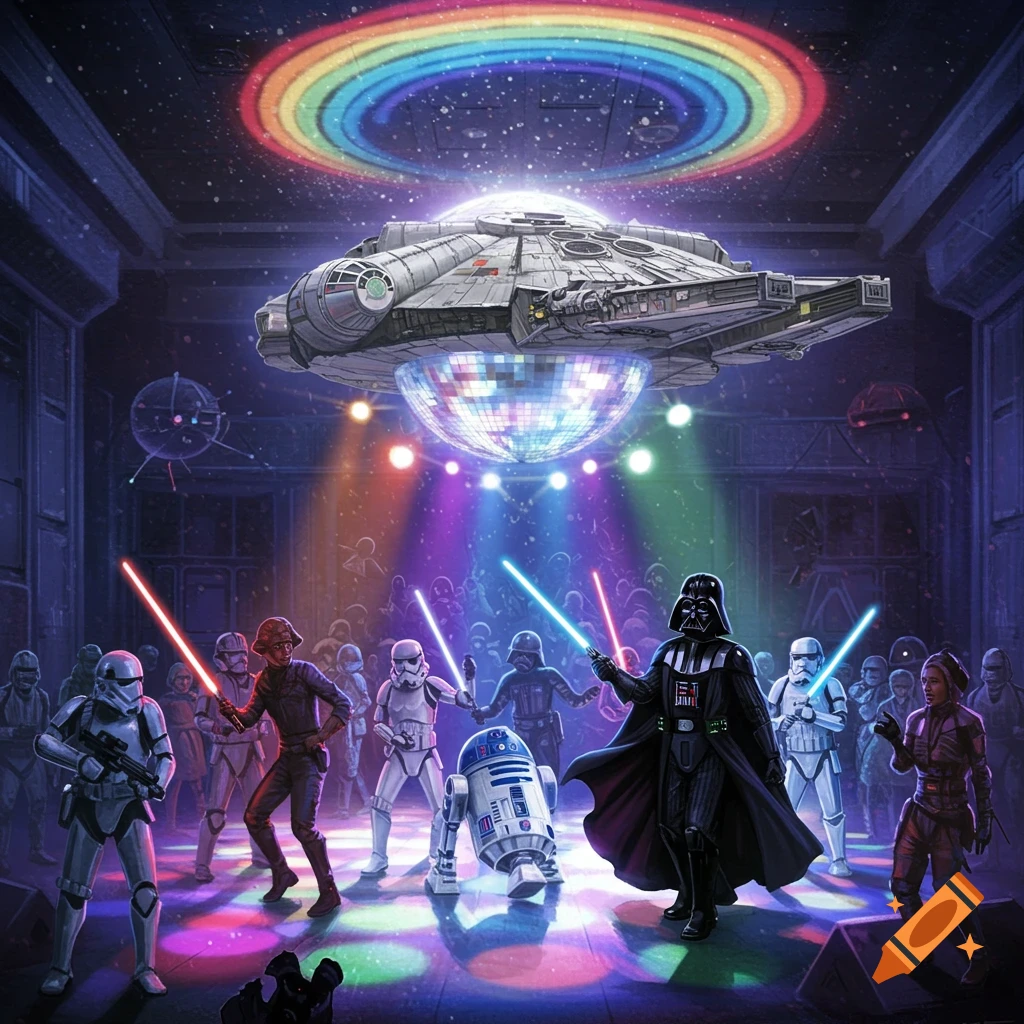 Darth Vader, Stormtroopers, R2-D2, and other Star Wars characters dance in a vibrant disco club under a Millennium Falcon disco ball and rainbow lights.