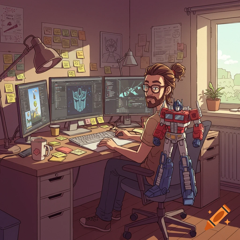 A cartoon man with a bun and glasses works at a cluttered desk with three monitors, an Optimus Prime figure on his chair, and sticky notes on the wall.