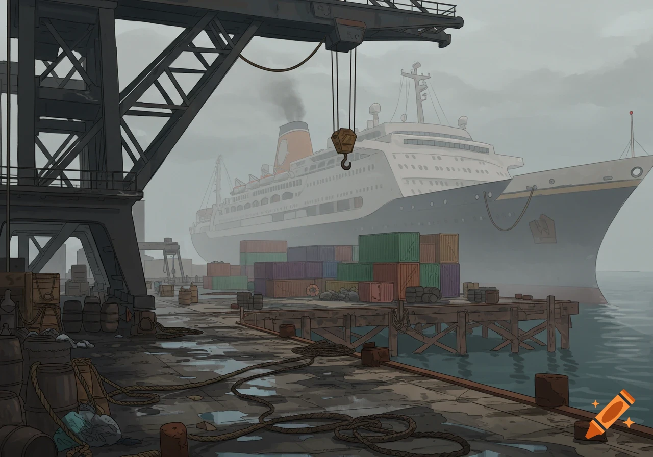 A moody, stylized 2D animation of an industrial harbor with a large ship, crane, and shipping containers on a wet dock.