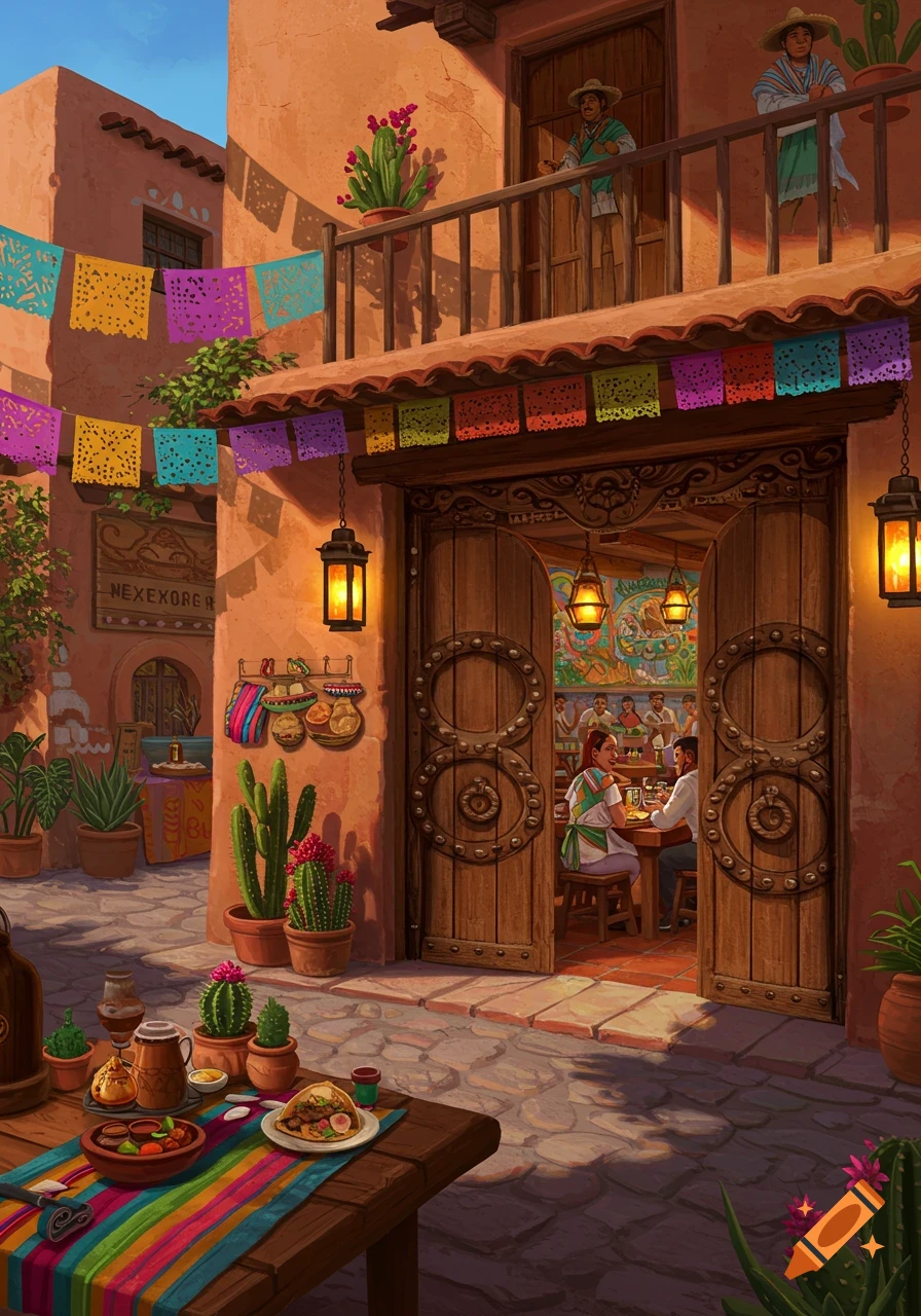 A vibrant, colorful illustration of a Mexican restaurant facade with people, food, paper flags, and potted cactuses.