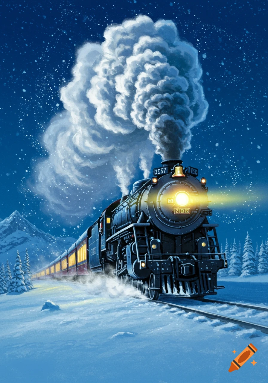 A stylized steam train with a glowing headlight travels through a snowy mountain landscape at night, emitting large clouds of smoke.