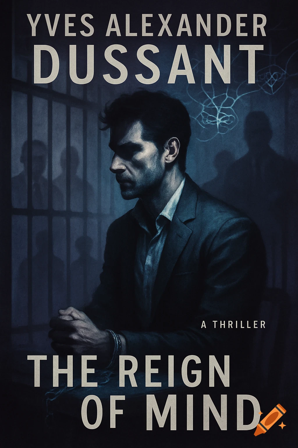 A dark, moody book cover featuring a man in a suit with his hands clasped, in a jail cell. Text reads: "Yves Alexander Dussant" and "The Reign of Mind. A Thriller."