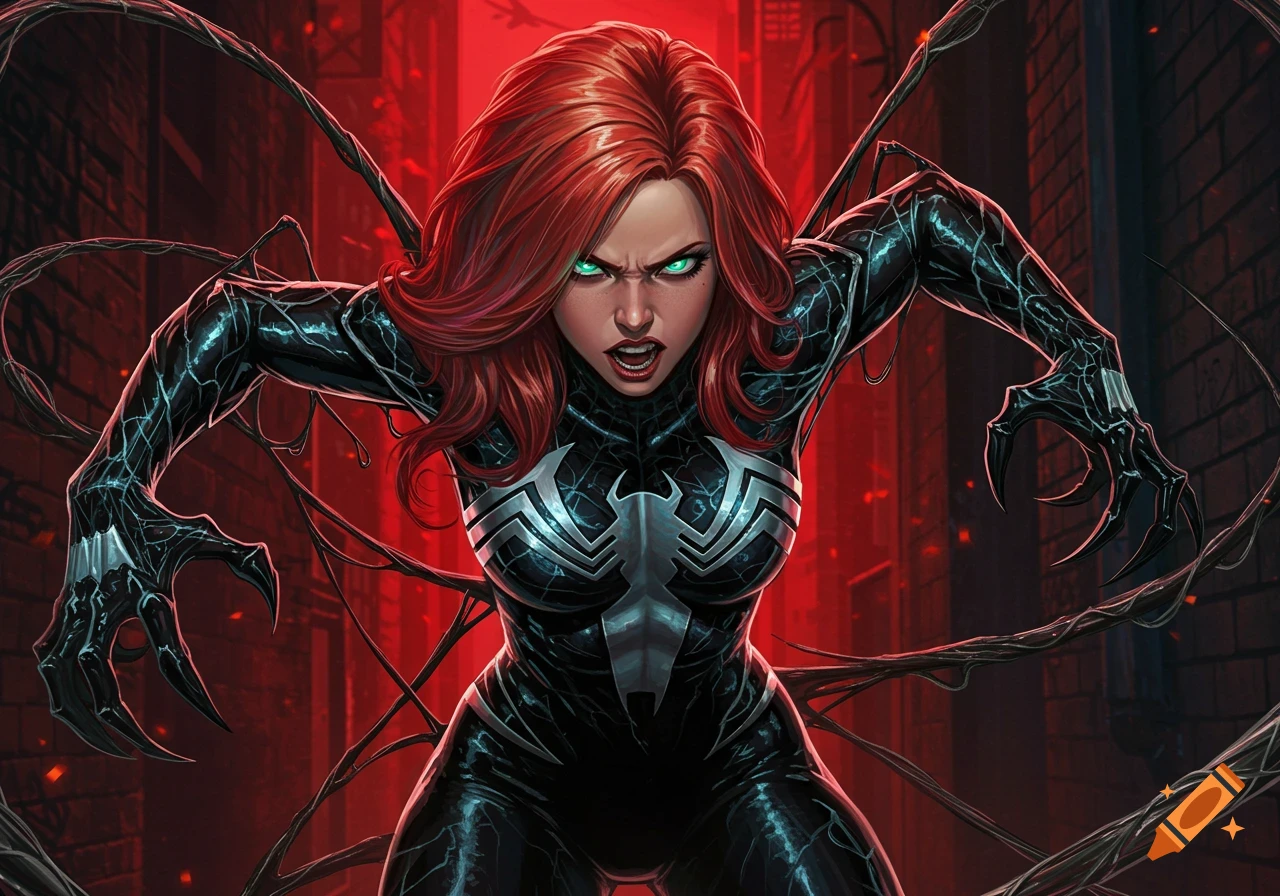 A red-haired woman with green eyes, wearing a black Venom symbiote suit with a white spider emblem, stands aggressively with clawed hands against a red city background.