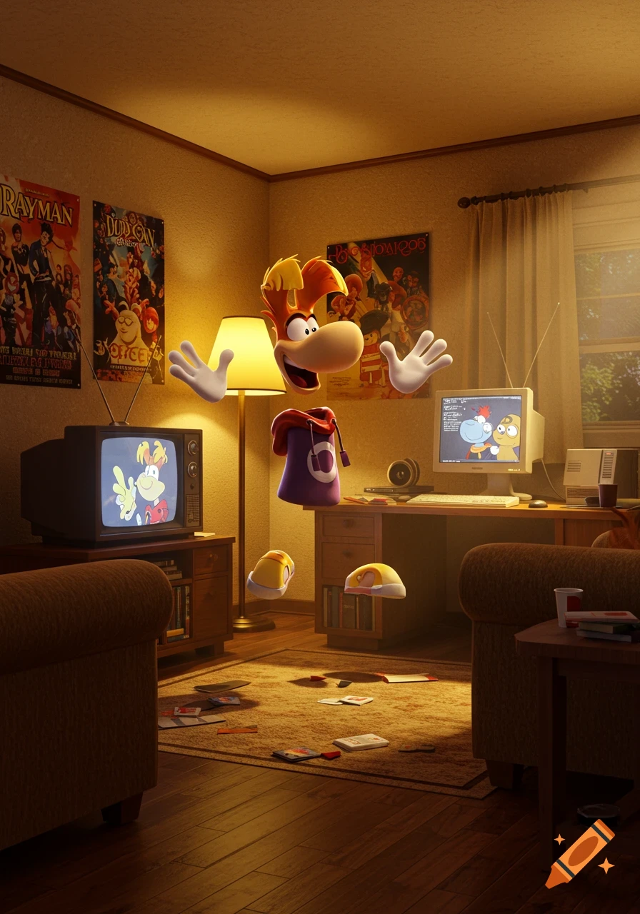 Rayman floats in a nostalgic 2000s-era room with a CRT TV, computer monitor, and posters on the wall, smiling.