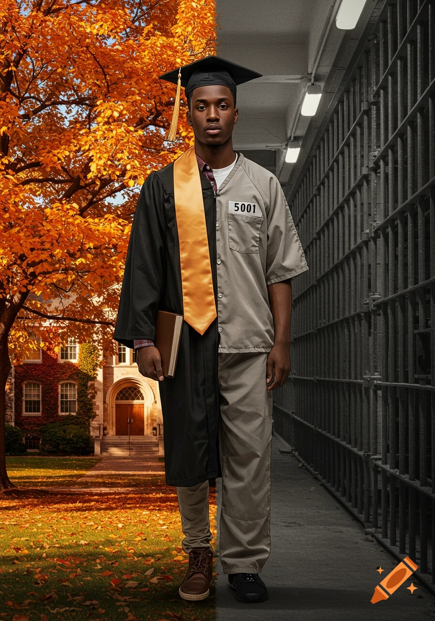 A young Black man is split down the middle, half in a graduation gown on a college campus and half in a jail uniform in a prison hallway.