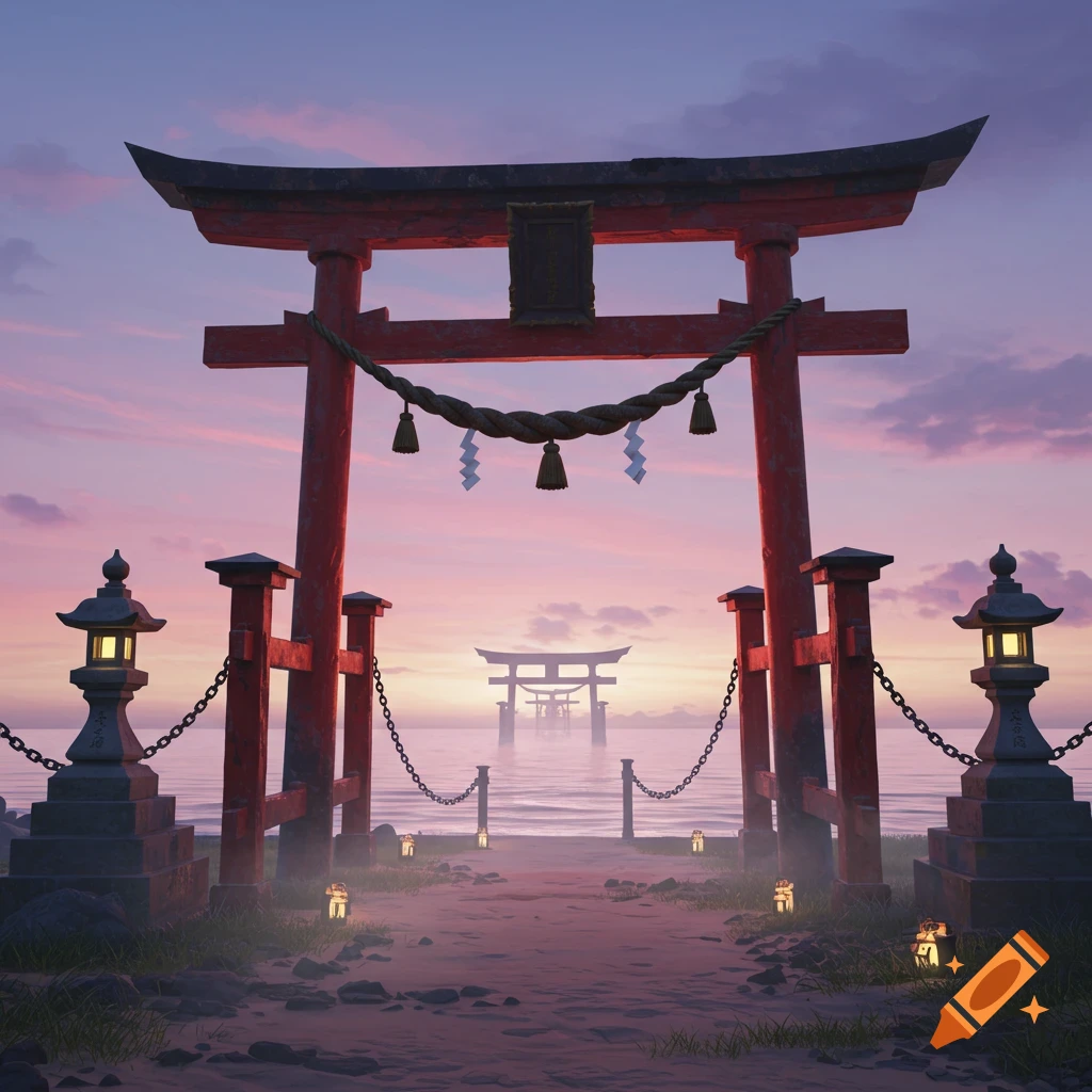 A vibrant red torii gate on a sandy shore at sunset, with chains blocking the entrance to the sea, leading to more gates.
