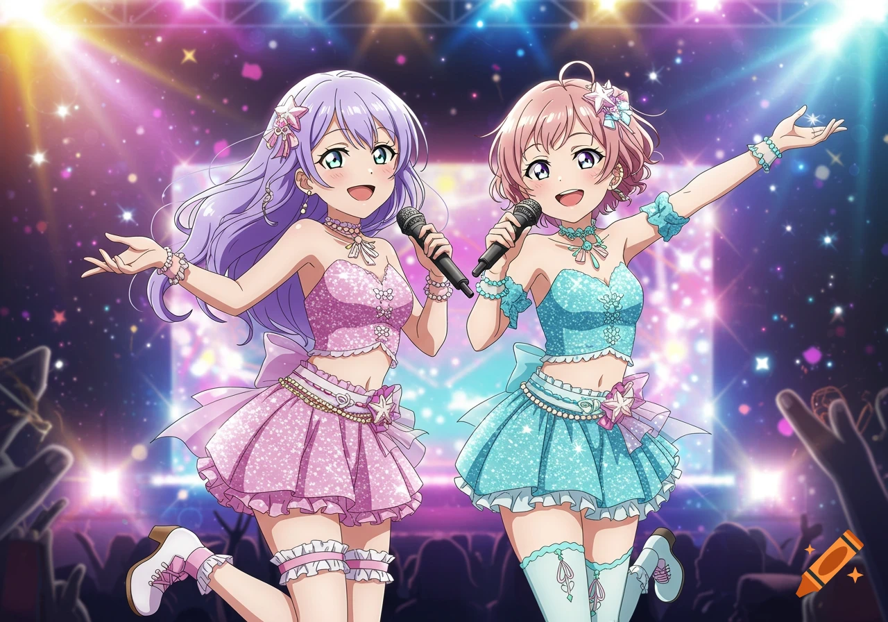 Two cheerful anime idol girls in sparkly pink and blue outfits sing on a brightly lit stage.