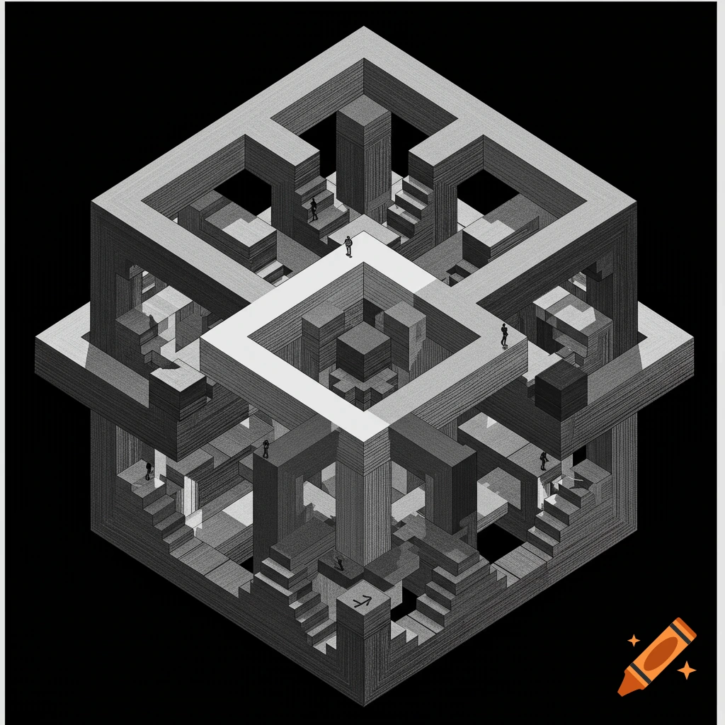 A black and white optical illusion of an impossible architectural structure with stairs and small figures.