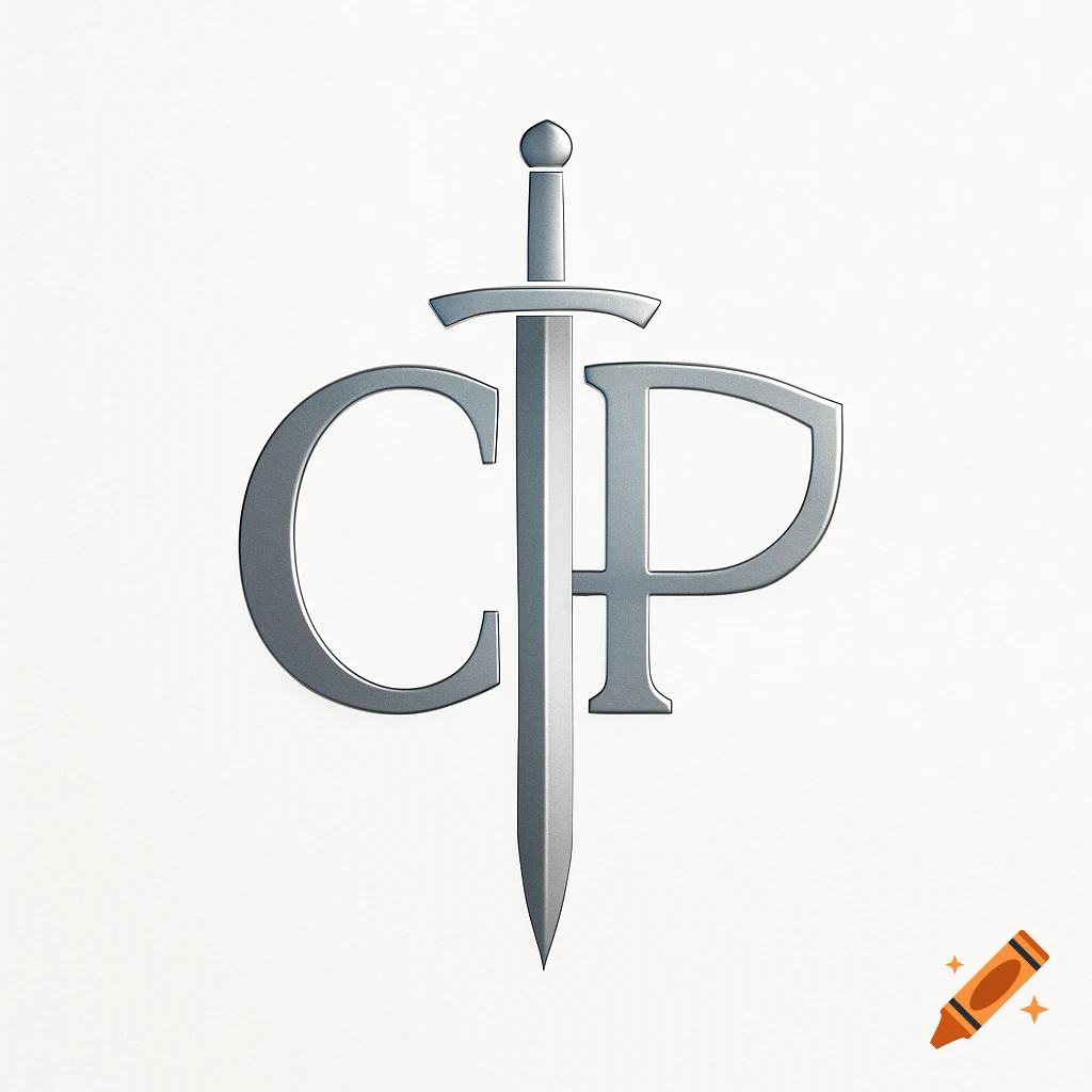 A silver metallic monogram logo featuring the letters C and P intertwined with a sword, set against a white background.