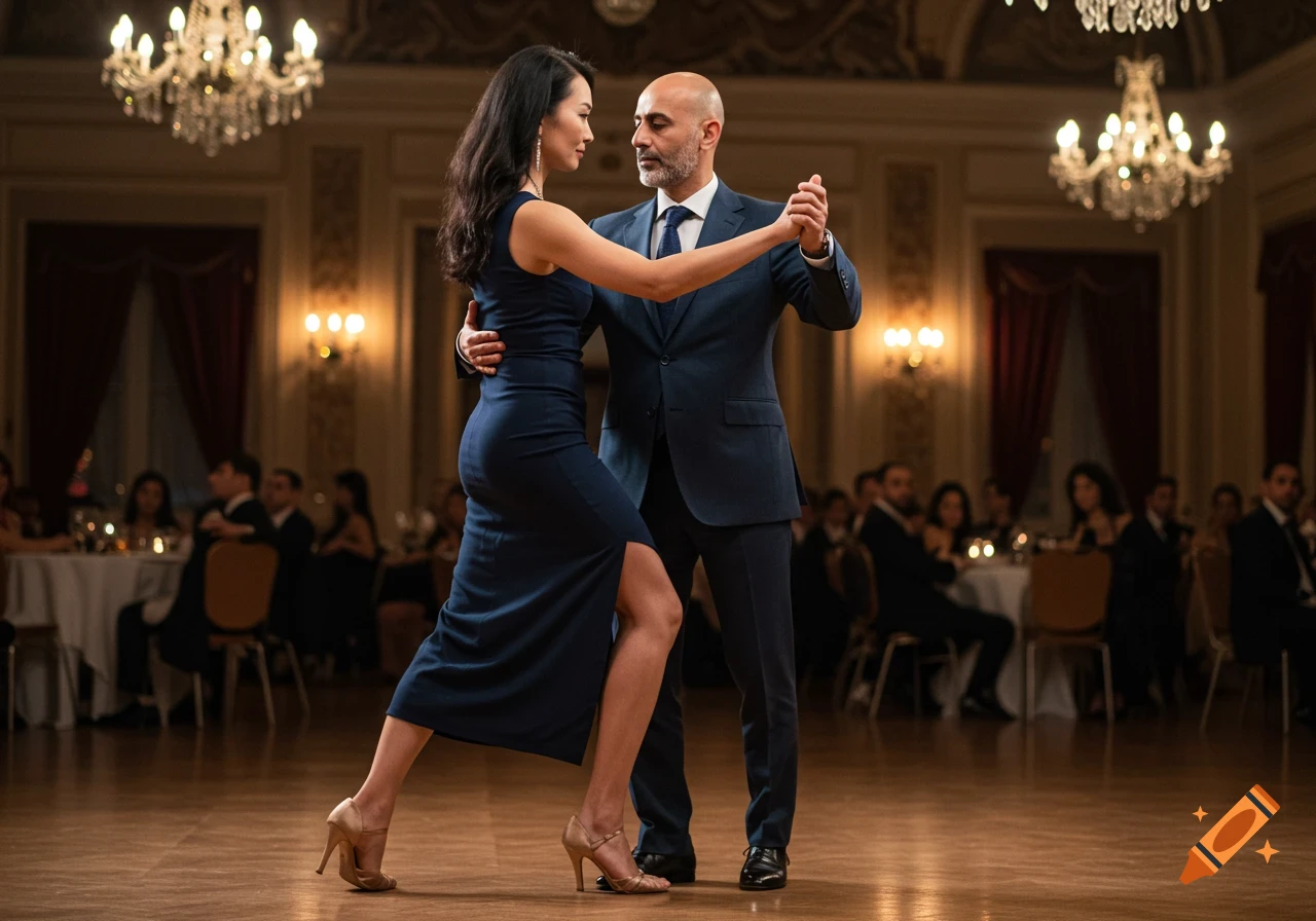 A couple dancing tango in a grand ballroom under chandeliers. A woman in a navy dress and a man in a suit hold each other in a dance pose.