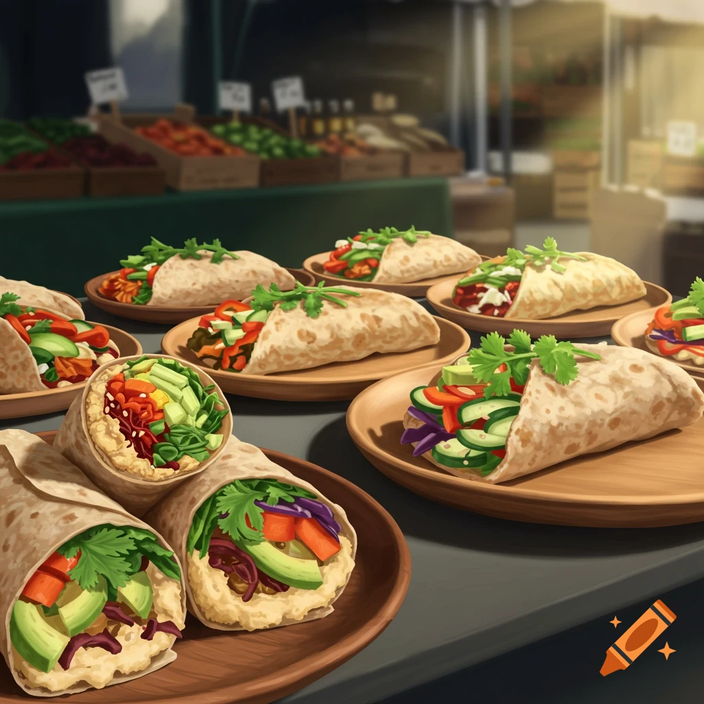 Multiple colorful vegan street food wraps on wooden plates at a market stall, in an illustrated style.