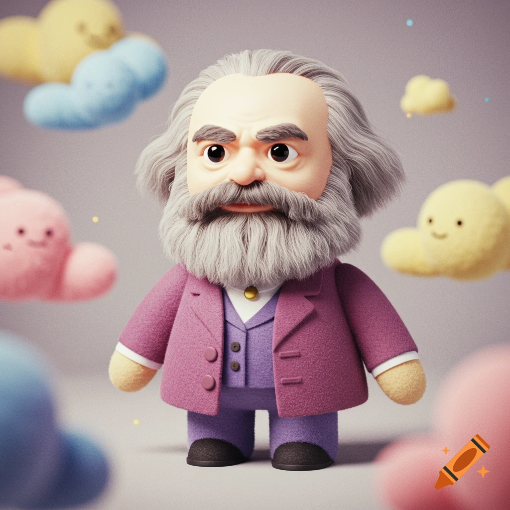 A stylized toy-like figure of Karl Marx with a large grey beard, wearing a purple suit, surrounded by cute colorful clouds on a light background.