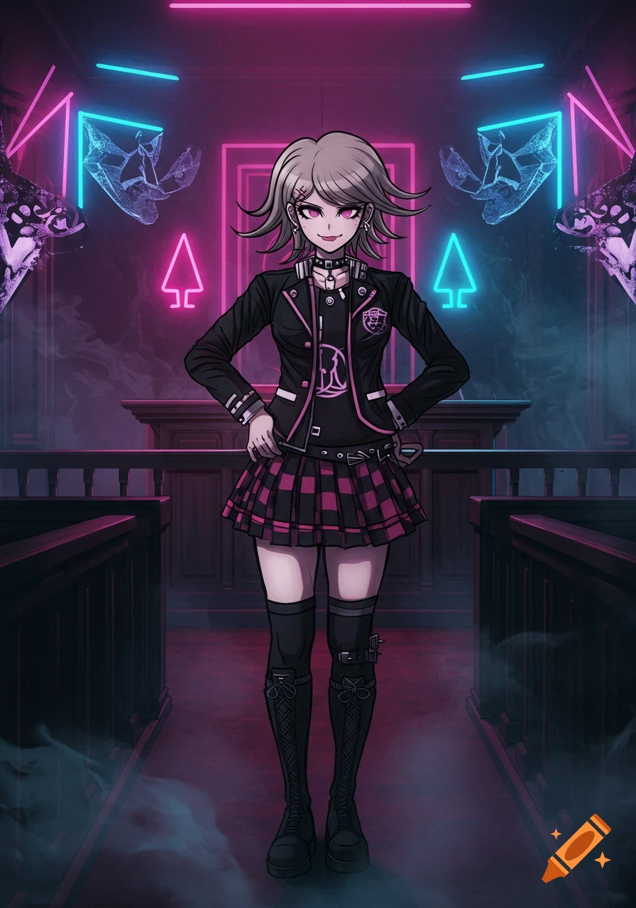 An anime character in a black jacket and plaid skirt stands confidently in a neon-lit, dark hall with abstract glowing symbols.