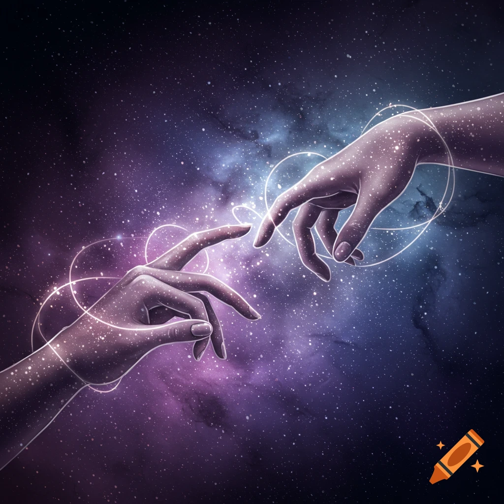 Two ethereal hands reach out against a starry purple and blue galaxy, connected by glowing white lines, in a fantasy art style.