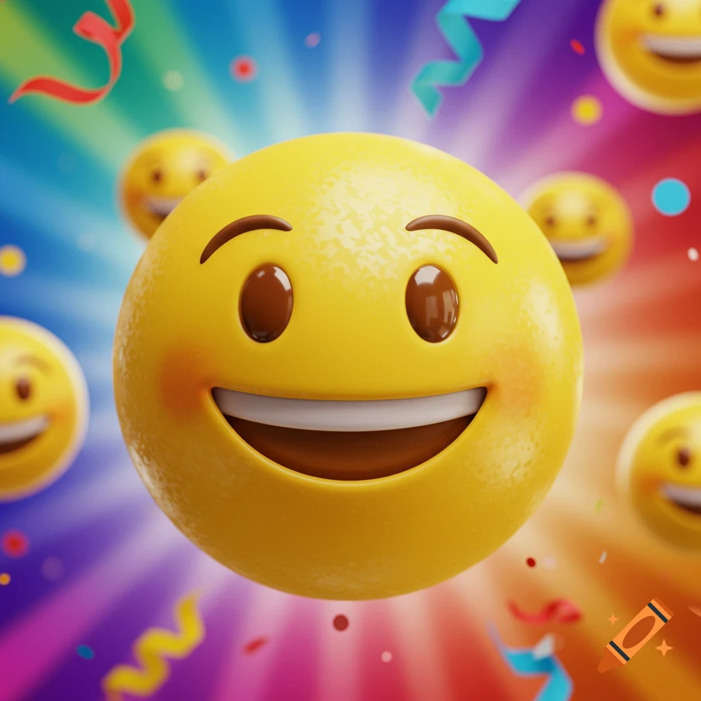 A central 3D smiling emoji with rosy cheeks, surrounded by smaller emojis, colorful confetti, and streamers, against a vibrant rainbow background with light rays.