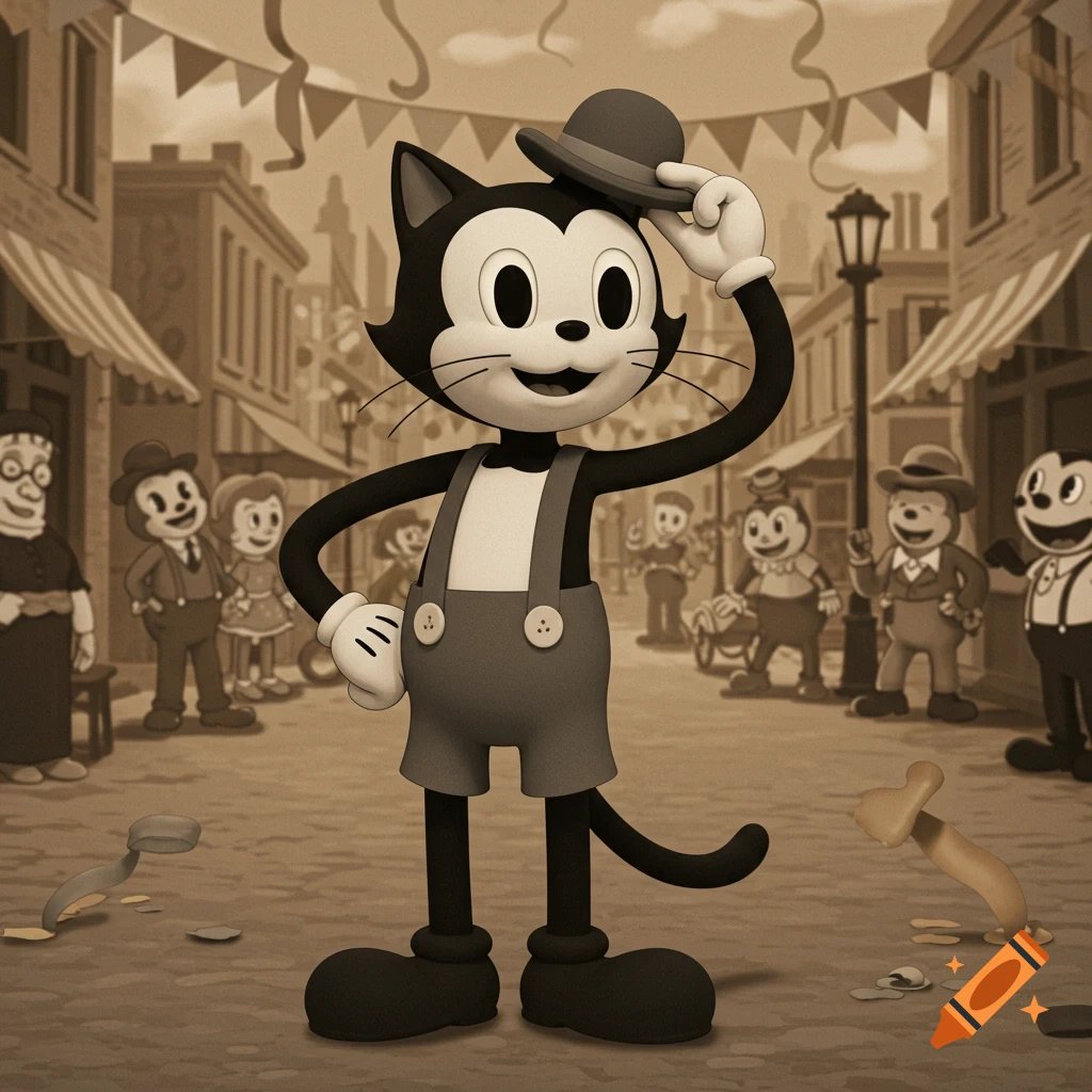 A 1930s rubberhose style cartoon black and white cat in overalls and a bowler hat, tipping its hat in a sepia-toned town square.