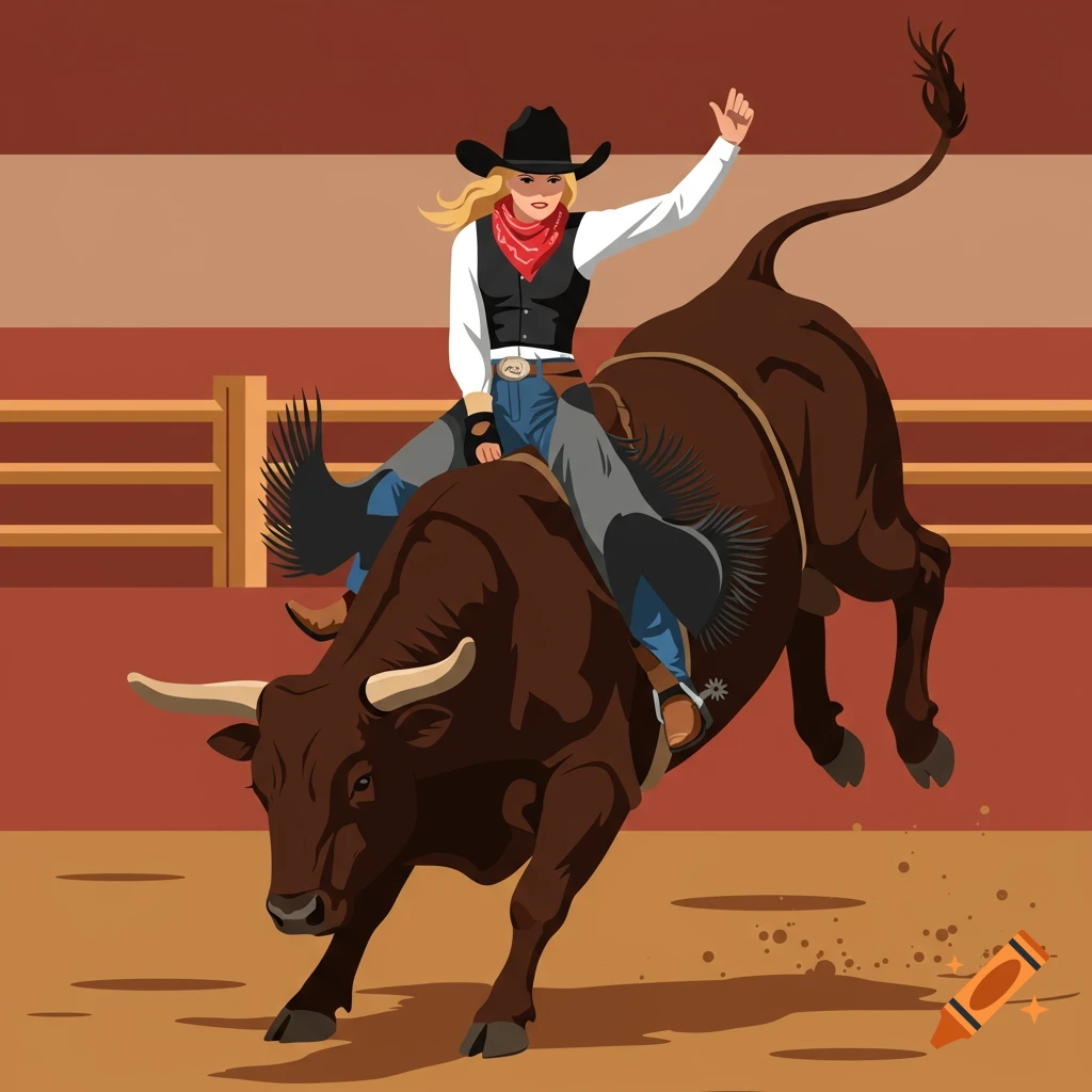 A blonde cowgirl in a black hat, red bandana, and chaps rides a bucking brown bull in a rodeo arena, illustration style.