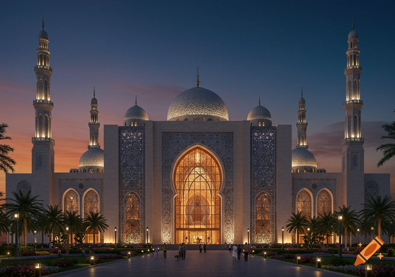 Grand mosque with ornate architecture and multiple minarets and domes, illuminated at dusk with warm light, lush garden.