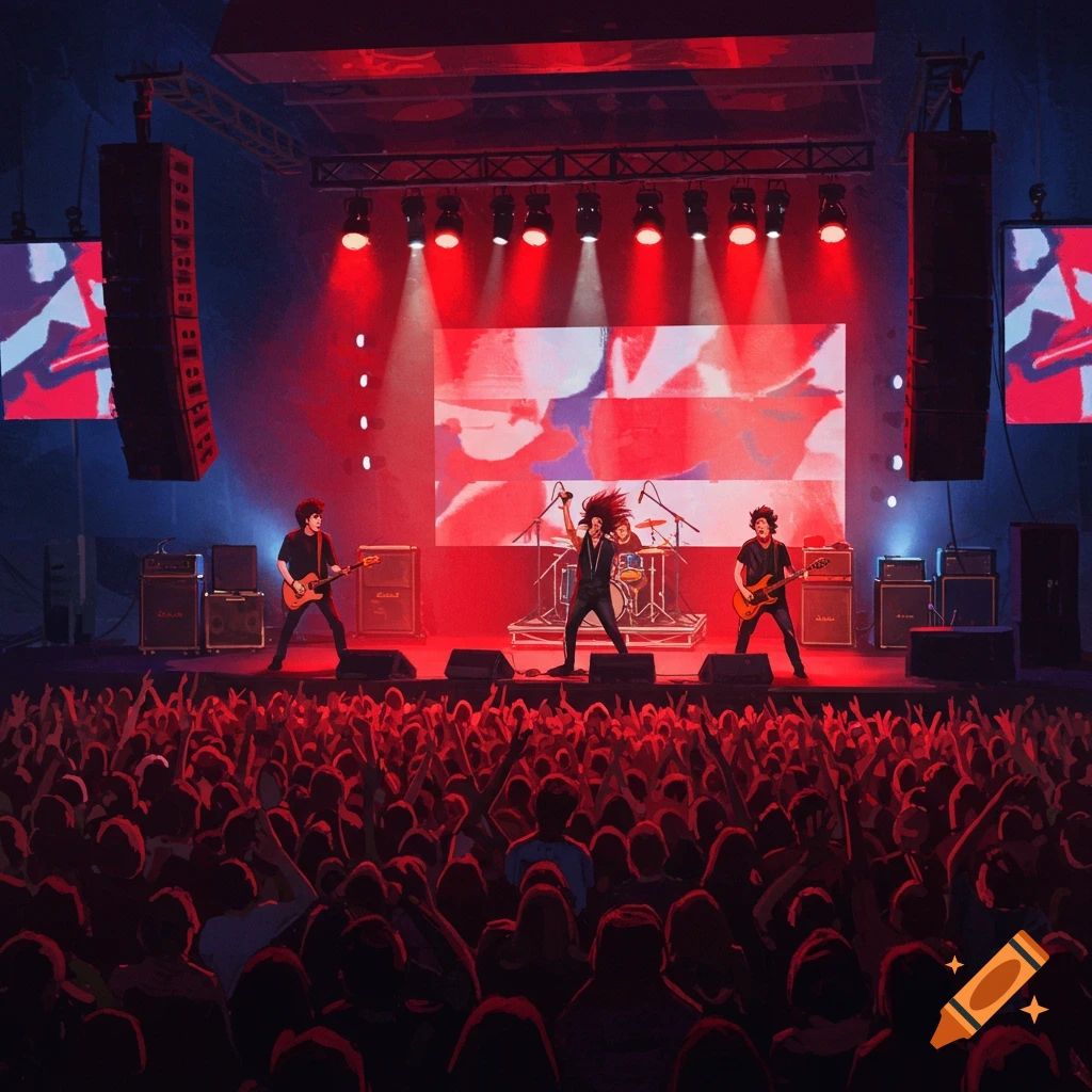 A rock band with a singer and two guitarists performs on a stage bathed in red light before a cheering crowd.