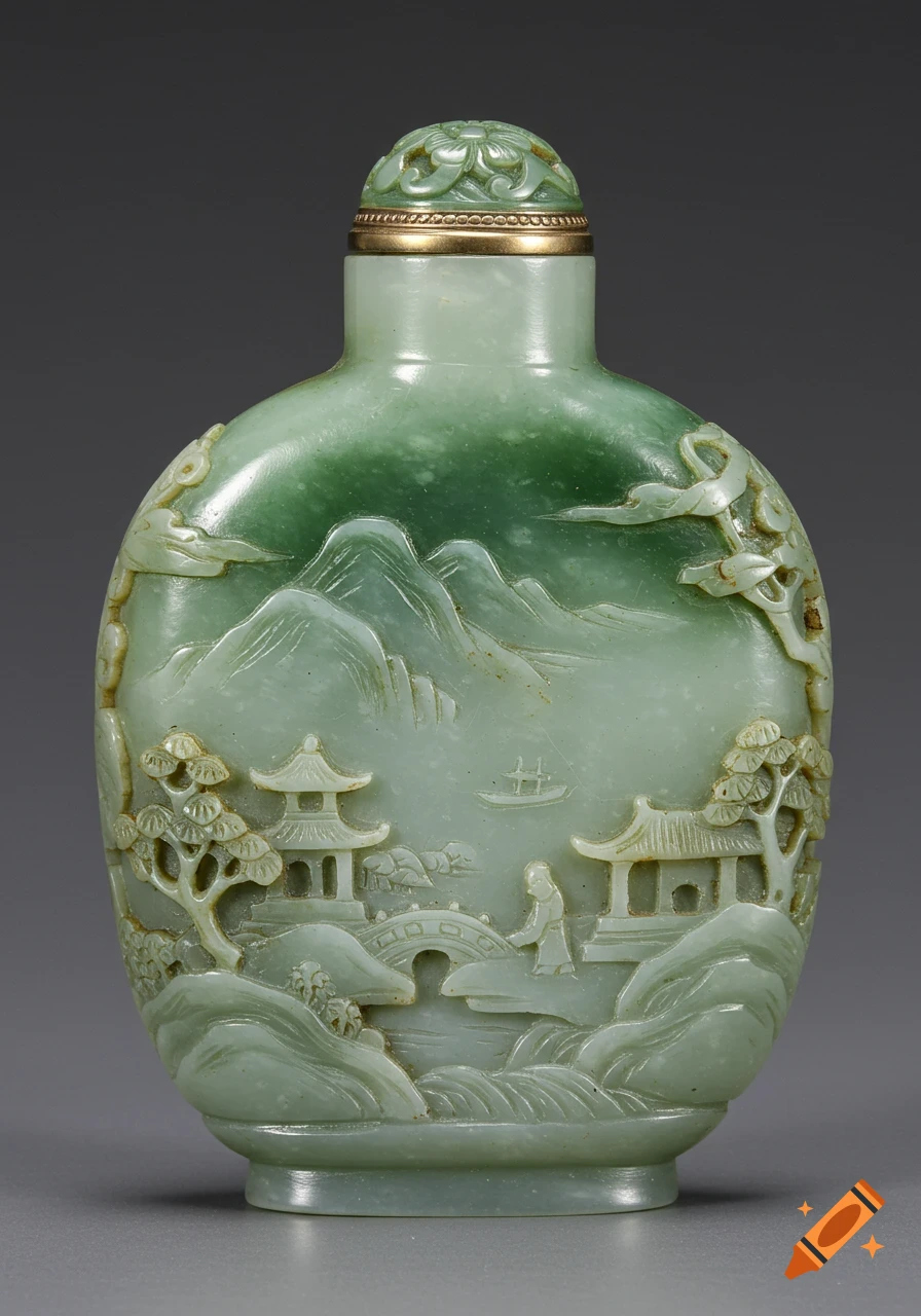 A pale green jade snuff bottle with an ornate gold cap, featuring a detailed low-relief carving of a traditional Chinese landscape.