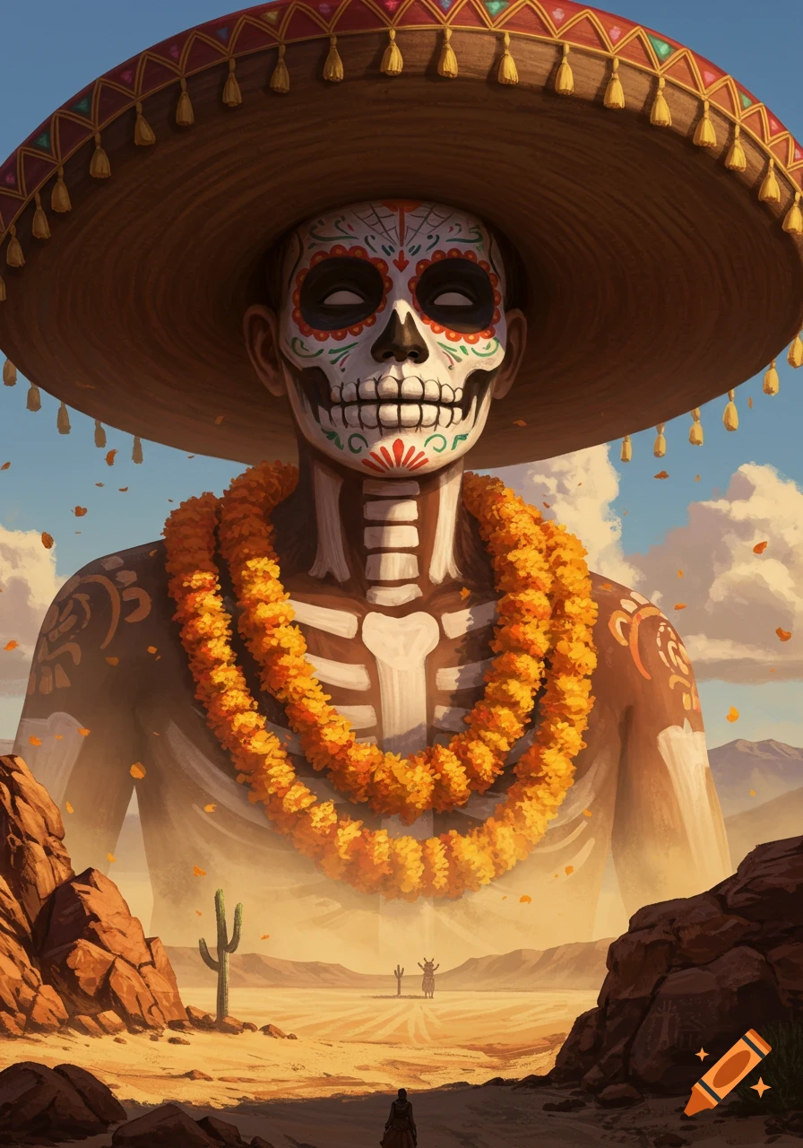 A giant skeletal figure with sugar skull makeup and a large sombrero stands in a vast desert landscape with cacti and mountains.