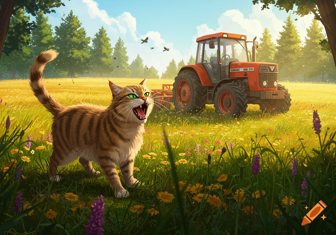 An angry tabby cat with glowing green eyes hisses in a sunny, flower-filled field with a red tractor in the background.