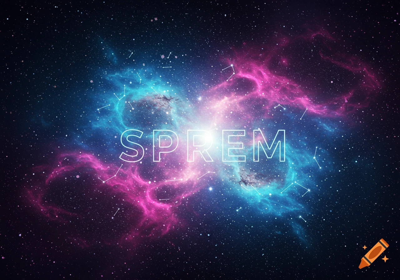 A glowing outline of the word "SPREM" against a vibrant blue and pink nebula filled with stars.