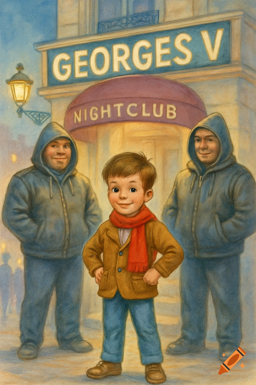 A young boy in a brown coat and red scarf stands smiling in front of a 'Georges V Nightclub' sign, flanked by two men in hoodies, in a children's book illustration style.