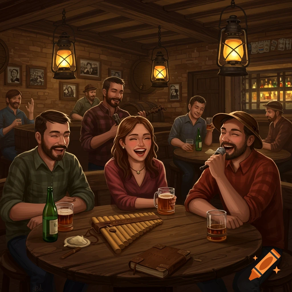 An illustration of a lively group of friends laughing and singing in a cozy, lantern-lit pub, with beer and a pan flute on the table.