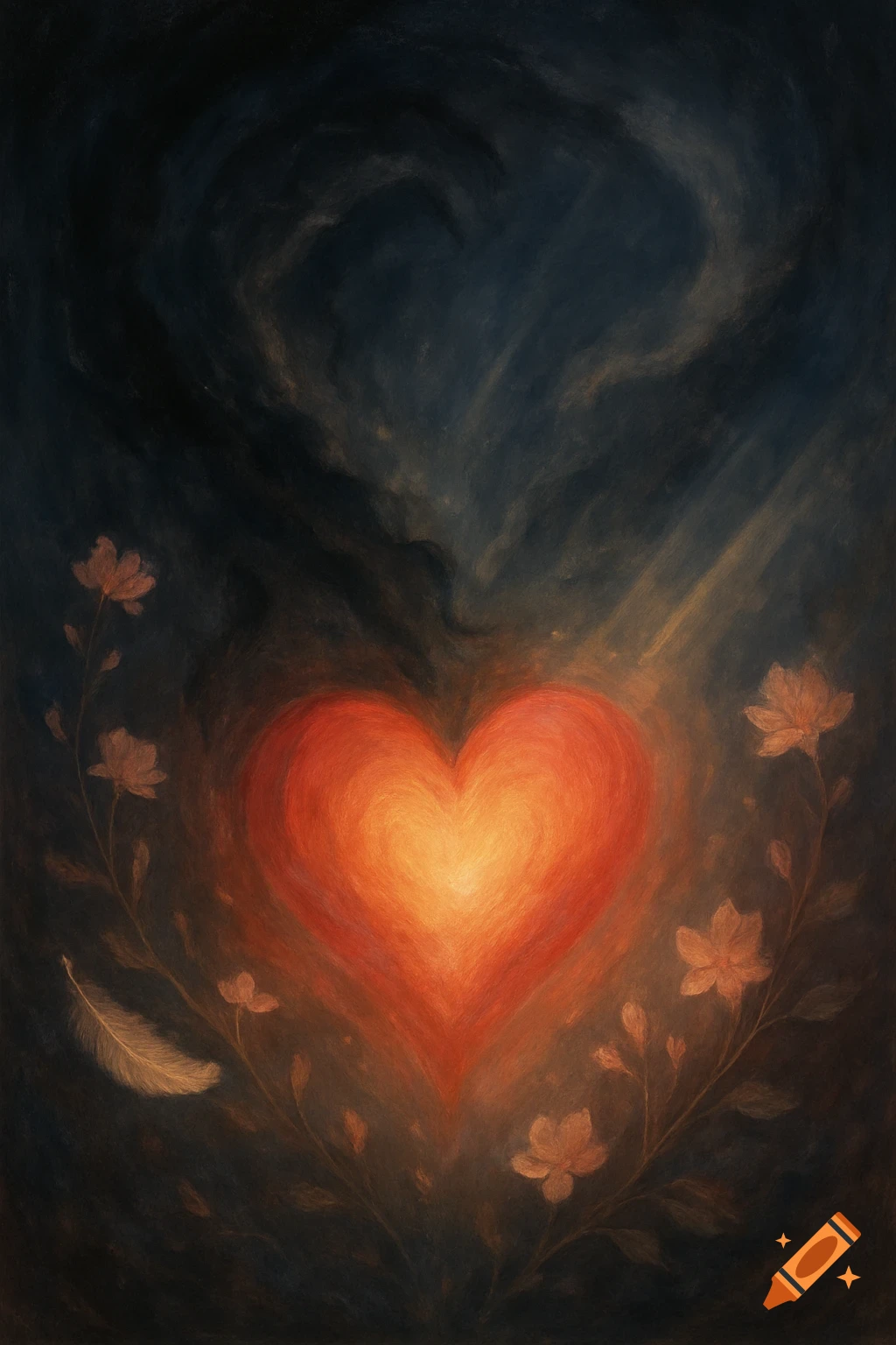 A glowing red heart surrounded by delicate flowers and a feather against a dark, painterly background.