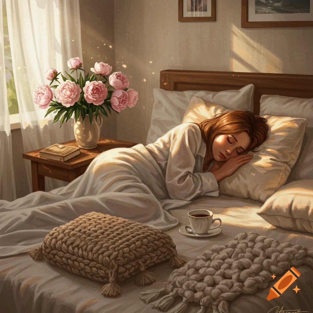 Young woman sleeping peacefully in a sunlit bedroom with pink peonies, a book, and a cup of tea on the nightstand.