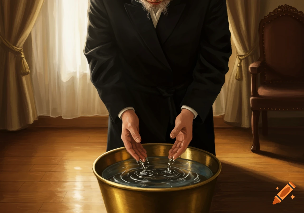 A bearded man in a black suit washes his hands in a golden bowl filled with water, creating ripples, in a room with curtains and a chair.