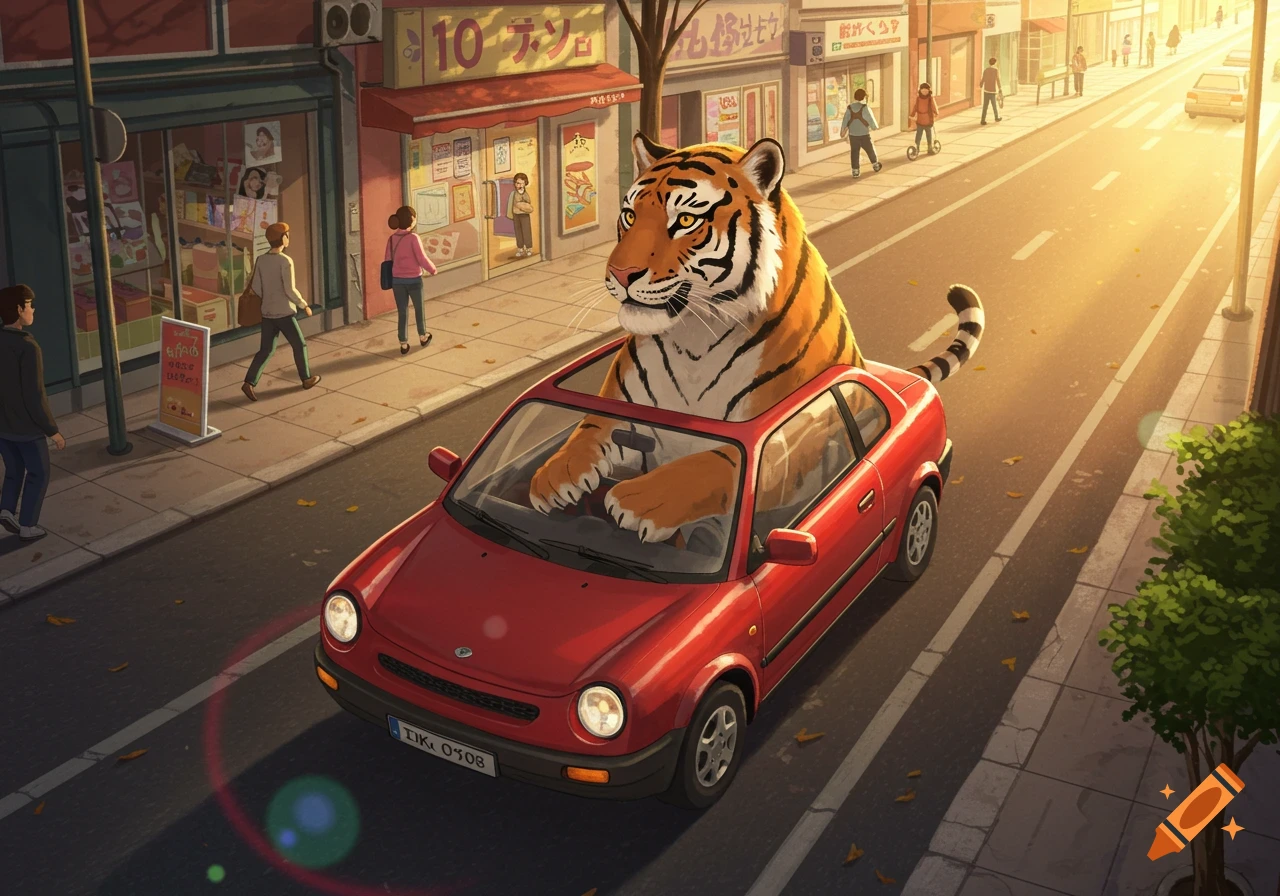 A stylized illustration of a large tiger driving a small red car down a city street at sunset, with shops lining the road.