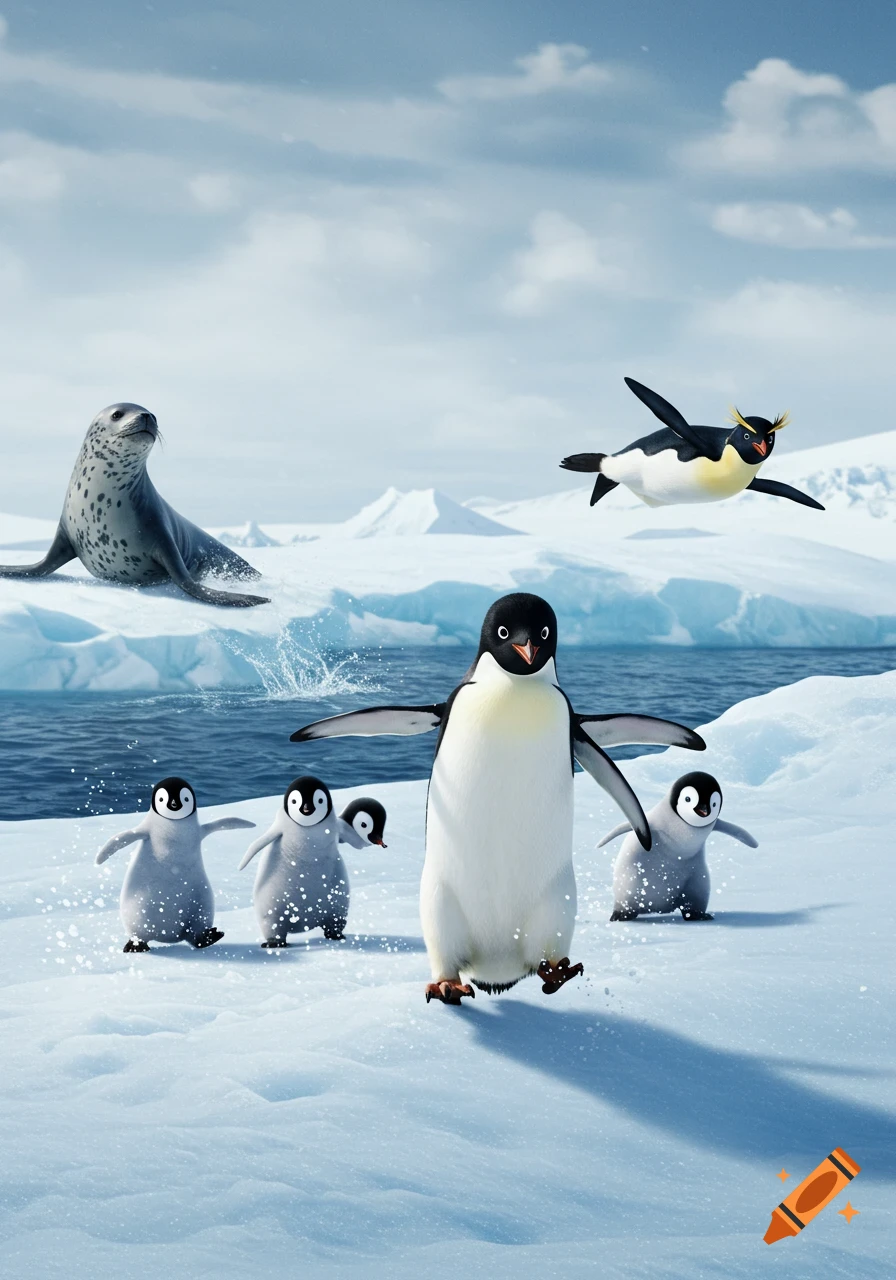 Animated penguins, including a flying rockhopper, on an icy landscape with a leopard seal in the background.