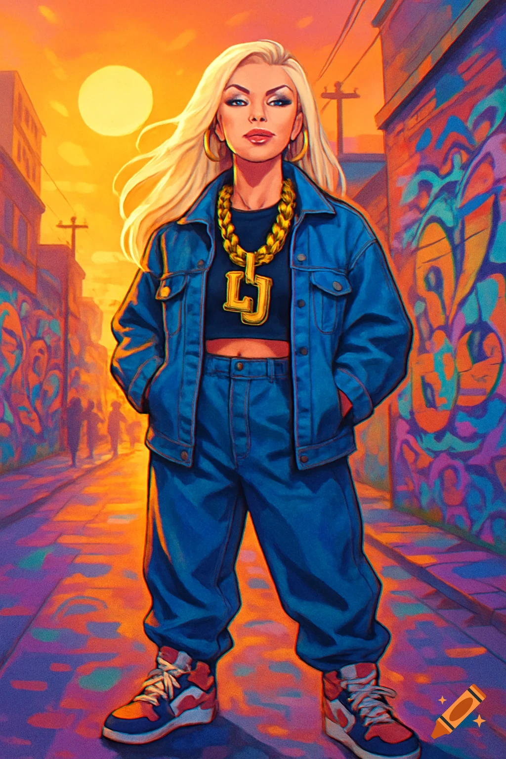 A stylized illustration of a blonde woman rapper in a blue denim outfit, wearing a gold chain with "LJ" pendant, standing in an urban alley with graffiti art.