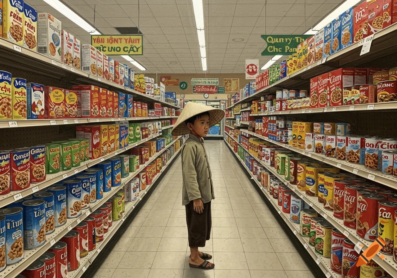 A Vietnamese boy in traditional attire stands in the middle of a grocery store aisle, rendered in a Norman Rockwell painting style.