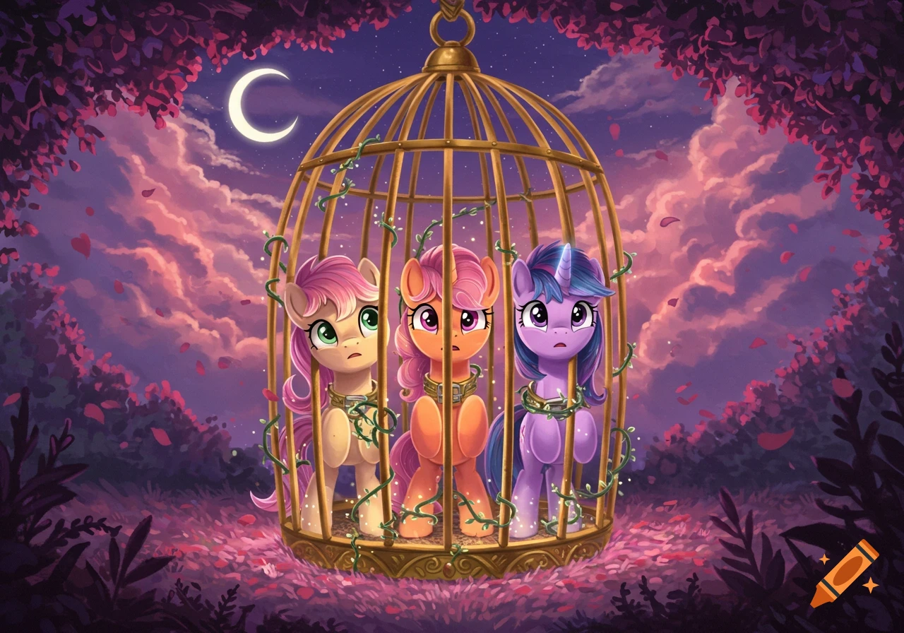Three cartoon ponies, the Cutie Mark Crusaders, are trapped in a golden cage with vines under a crescent moon in a magical forest.