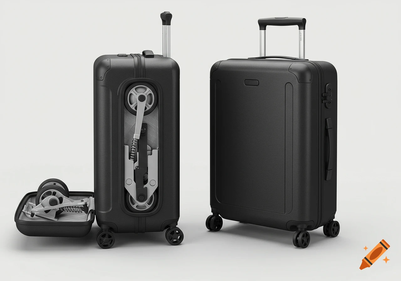 Two modern matte black suitcases, one revealing an internal folding wheel mechanism, on a white background in a photorealistic 3D render.