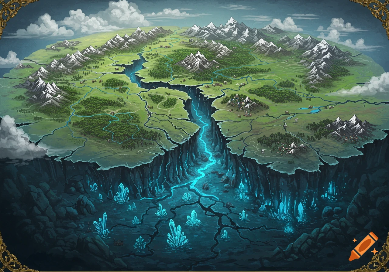 An isometric fantasy world map showing a green landmass with mountains, rivers, forests, and settlements, split by a deep chasm revealing glowing blue crystals.