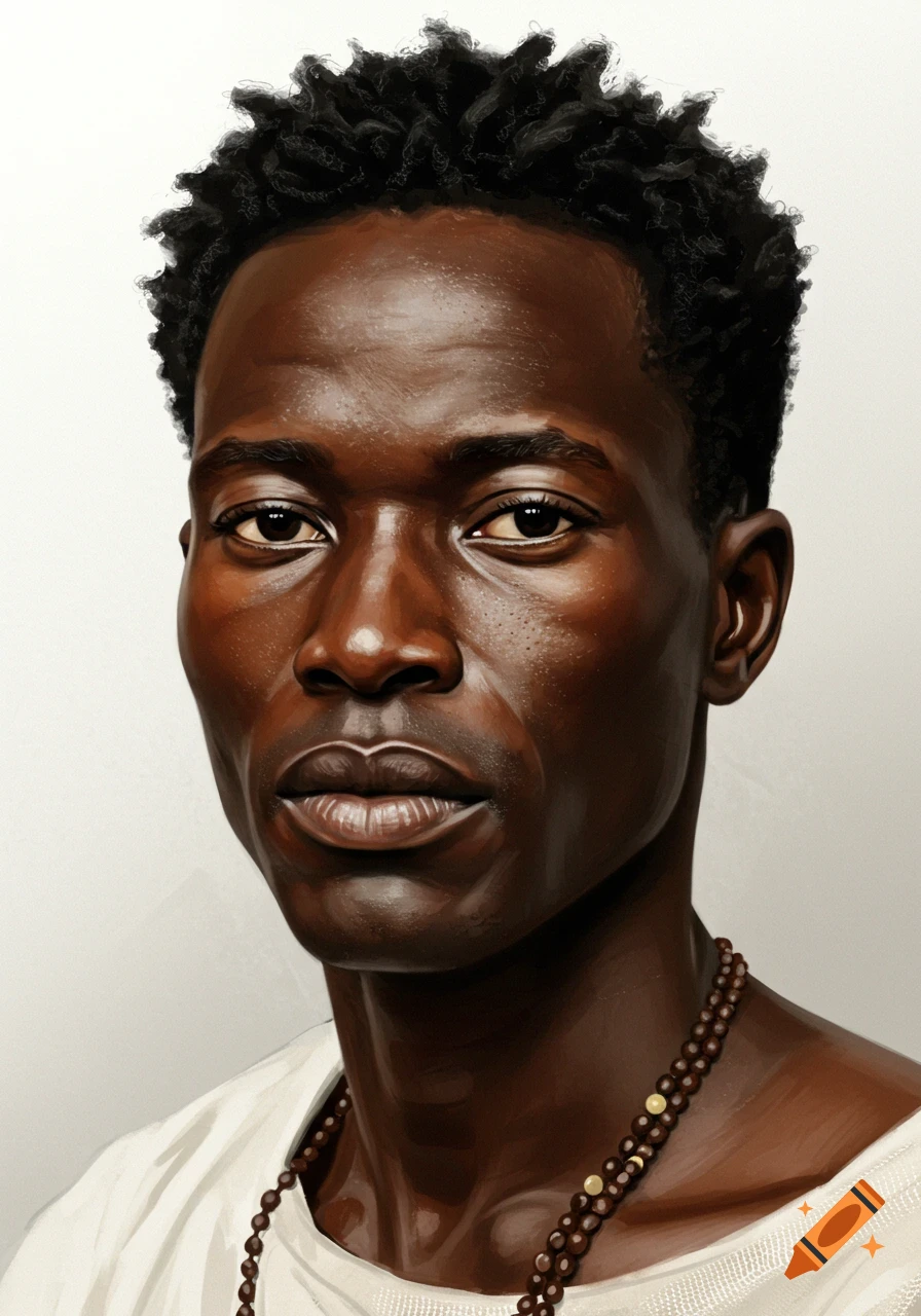 Realistic portrait of a man of African descent with short curly hair, wearing a white shirt and beaded necklace, on a neutral background.