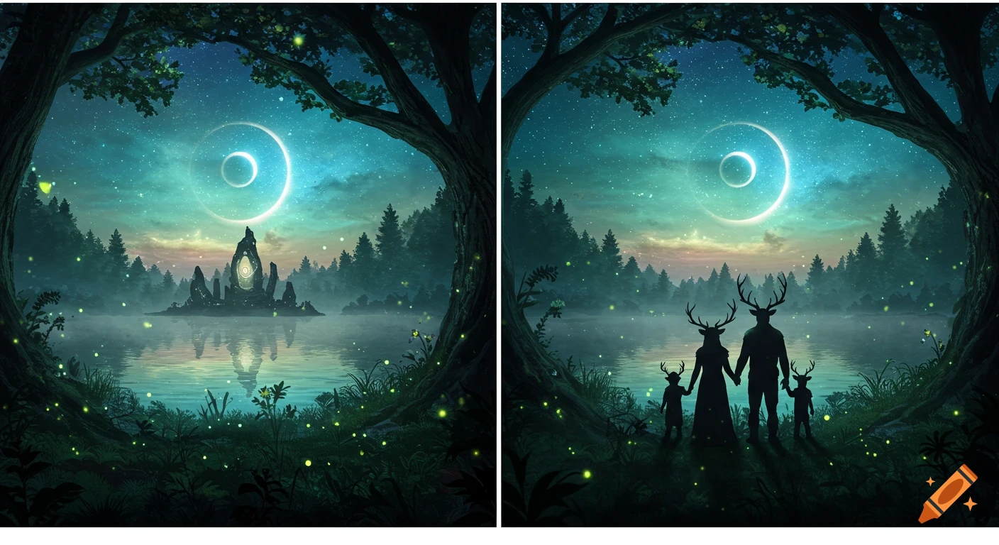 Ultra-realistic fantasy dual-panel image: A mystical forest lake under a lunar eclipse, with a glowing island on the left and a deer-headed family on the right.