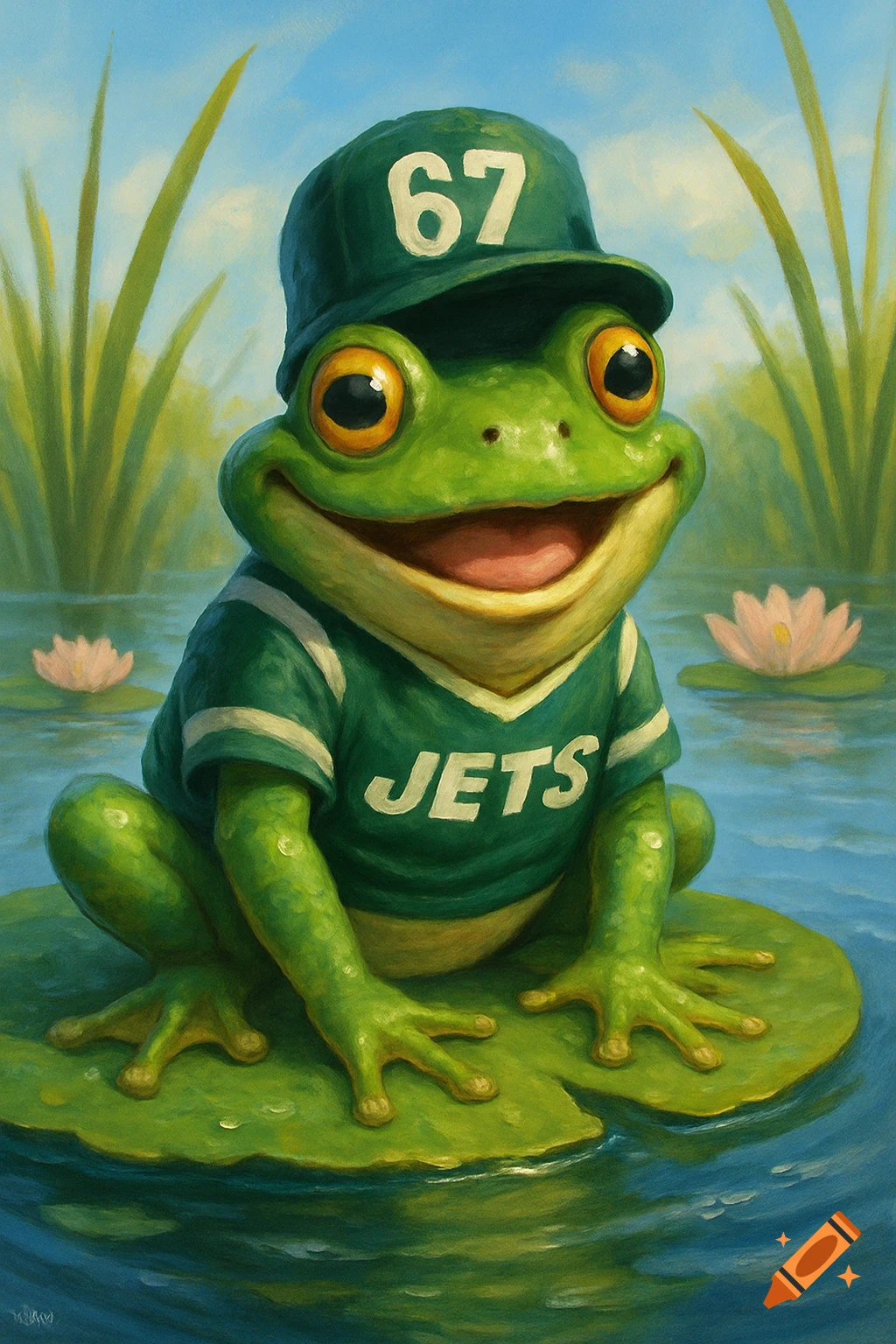 A cheerful frog wearing a green '67' cap and 'JETS' jersey sits on a lily pad in a pond, digital painting.