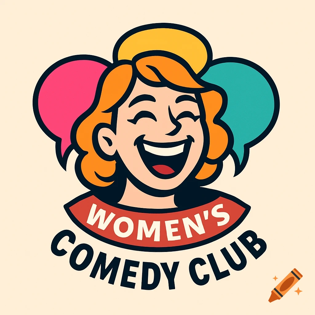 Colorful comic-style logo of a laughing woman's face with speech bubbles, for a Women's Comedy Club.
