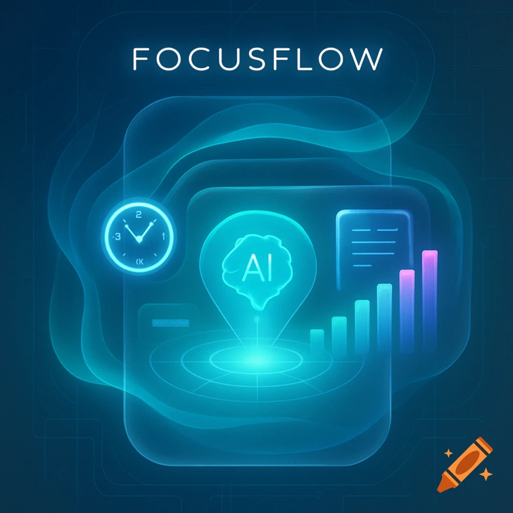 A glowing blue digital interface with 'FOCUSFLOW' text, a clock, an AI brain icon, and data charts.