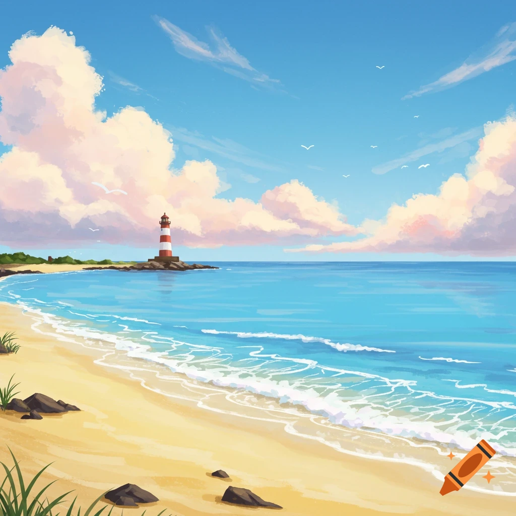 An idyllic, stylized illustration of a sandy beach with gentle waves, a red and white lighthouse on a rocky outcrop, under a blue sky with fluffy clouds.