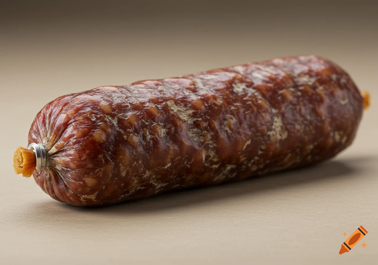 Close-up of a dry-cured sausage with a textured casing and visible fat inclusions, on a neutral background.