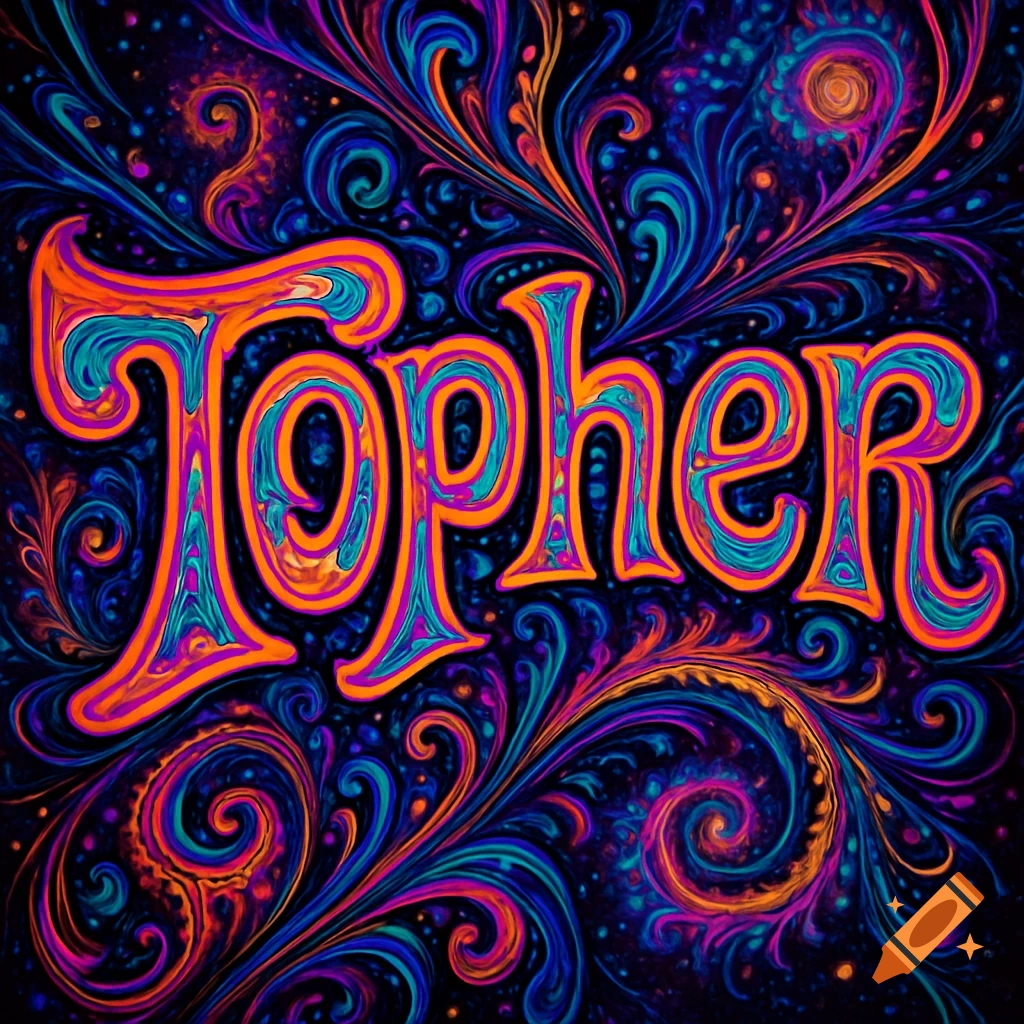 The word 'Topher' in vibrant, swirling psychedelic letters on a dark, intricate abstract background.