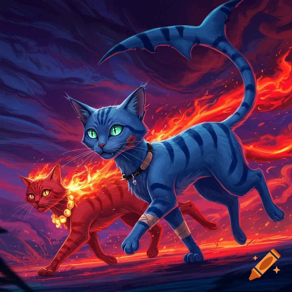 Two stylized cats, one blue with a shark tail and the other red with a fiery necklace, run through a fiery landscape.